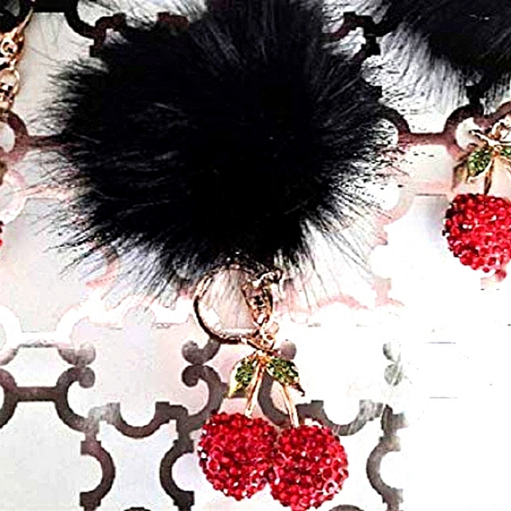 Crystal Cherries Bag Charm Key Chain Red w Black Faux Mink Black Pom